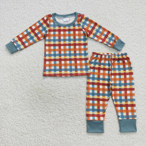 Orange Blue Plaid Boys Long Sleeve Pajamas