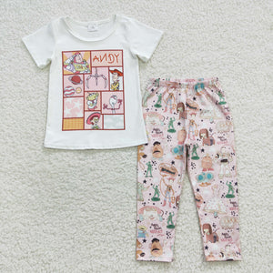 Cartoon White Pink Girls Christmas Outfits