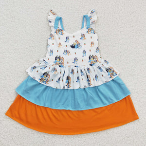 Cartoon Dogs Blue Orange Girls Flutter Sleeve Dress