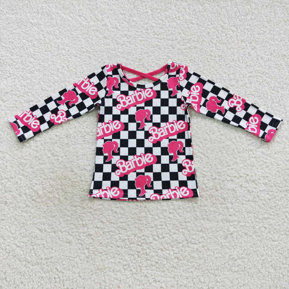 Cartoon Dolls Black White Plaid Girls Long Sleeve Top