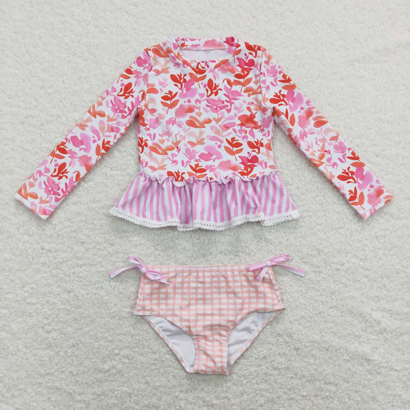 Floral Stripe Plaid Pink Girls Swimsuits