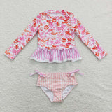 Floral Stripe Plaid Pink Girls Swimsuits