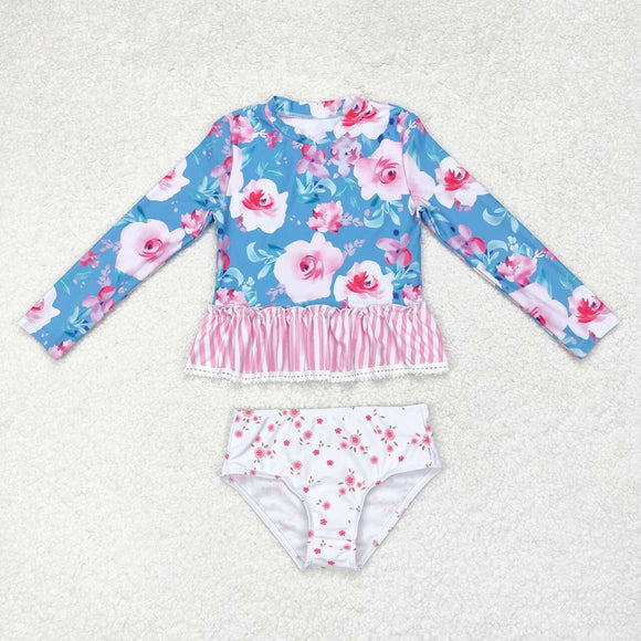 Floral Stripe Ruffles Blue Girls Swimsuits