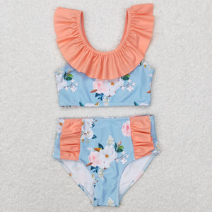 Floral Orange Ruffles Blue Girls Swimsuits