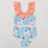 Floral Orange Ruffles Blue Girls Swimsuits