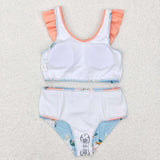 Floral Orange Ruffles Blue Girls Swimsuits