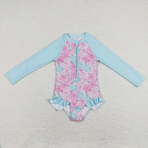 Floral Shell Pearl Blue Girls Swimsuits