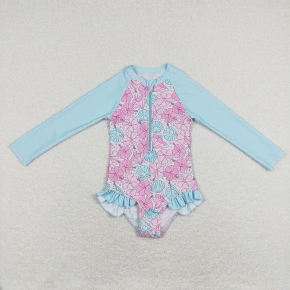 Floral Shell Pearl Blue Girls Swimsuits