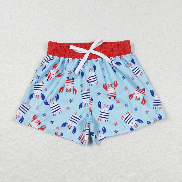 Crab Blue Red Boys 4th of July Swimming Trunks