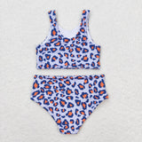 Orange Blue Leopard Print Girls 4th of July Swimsuits