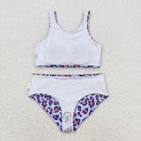 Orange Blue Leopard Print Girls 4th of July Swimsuits