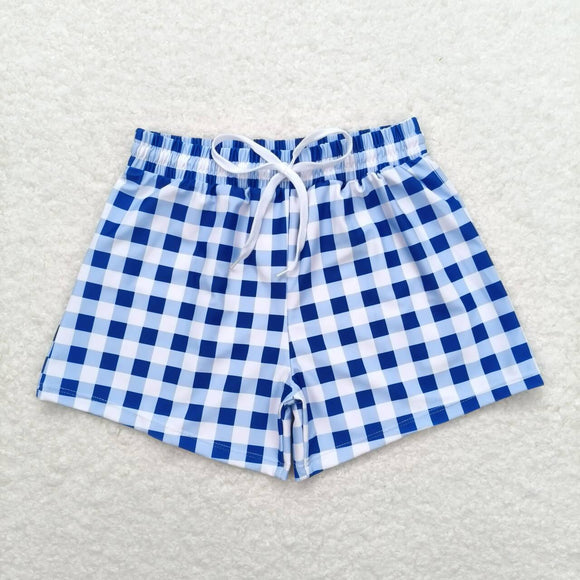 Blue White Plaid Boys 4th of July Swimming Trunks