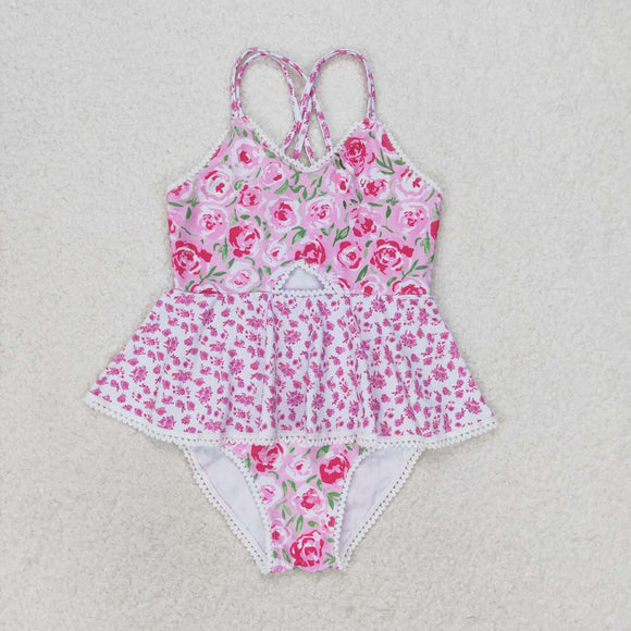 Floral Pink White Girls Swimsuits