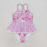 Floral Pink White Girls Swimsuits