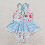 Floral Blue Stripe Girls Swimsuits