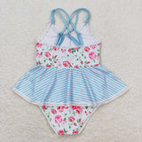 Floral Blue Stripe Girls Swimsuits