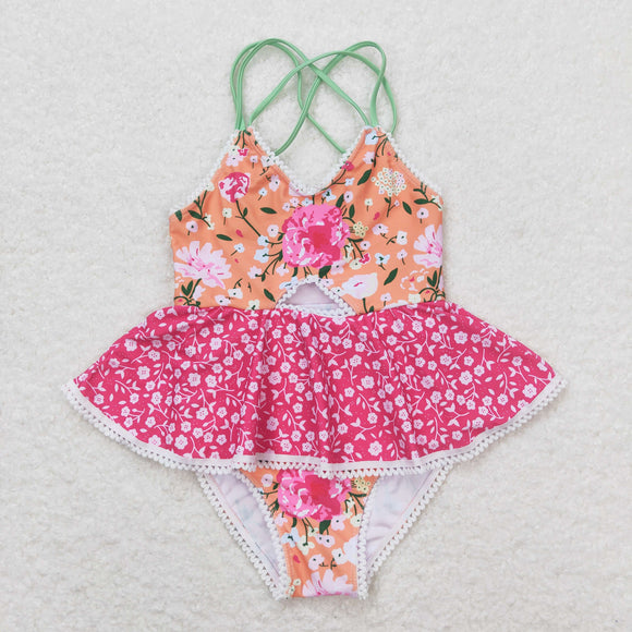 Floral Orange Hot Pink Girls Swimsuits