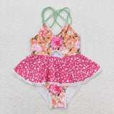 Floral Orange Hot Pink Girls Swimsuits