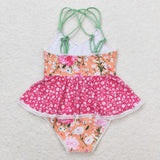 Floral Orange Hot Pink Girls Swimsuits