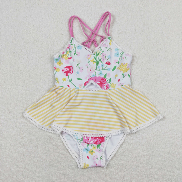 Floral Yellow Stripe Girls Swimsuits