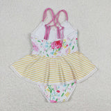 Floral Yellow Stripe Girls Swimsuits