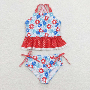 Floral Blue Red Girls 4th of July Swimsuits