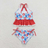 Floral Blue Red Girls 4th of July Swimsuits