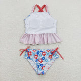 Floral Blue Red Girls 4th of July Swimsuits