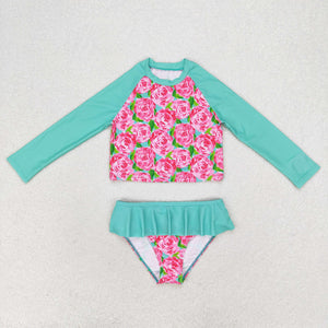 Pink Floral Green Ruffles Girls Swimsuits