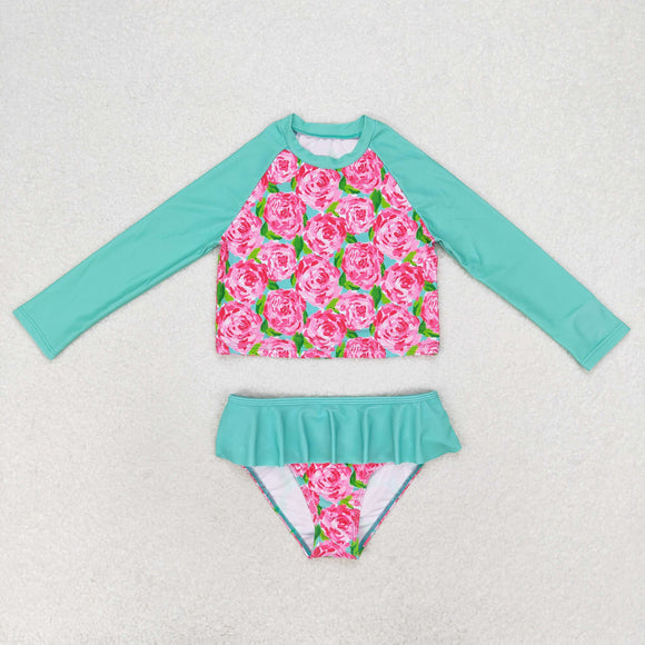 Pink Floral Green Ruffles Girls Swimsuits