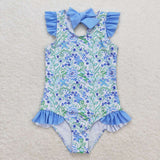 Floral Blue Bow Ruffles Girls Swimsuits