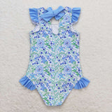 Floral Blue Bow Ruffles Girls Swimsuits