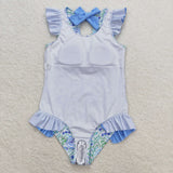 Floral Blue Bow Ruffles Girls Swimsuits