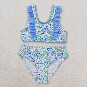 Floral Blue Ruffles White Girls Swimsuits