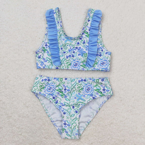 Floral Blue Ruffles White Girls Swimsuits