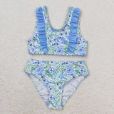 Floral Blue Ruffles White Girls Swimsuits