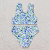 Floral Blue Ruffles White Girls Swimsuits