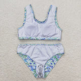 Floral Blue Ruffles White Girls Swimsuits