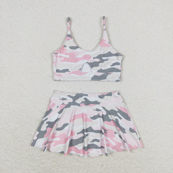 Pink Gray Camo Ruffles Girls Swimsuits