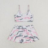 Pink Gray Camo Ruffles Girls Swimsuits