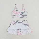 Pink Gray Camo Ruffles Girls Swimsuits