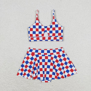 Red Blue White Plaid Ruffles Girls 4th of July Swimsuits