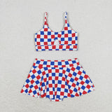 Red Blue White Plaid Ruffles Girls 4th of July Swimsuits