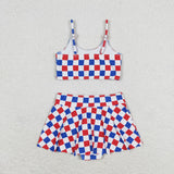 Red Blue White Plaid Ruffles Girls 4th of July Swimsuits