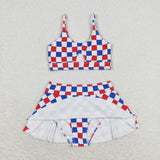 Red Blue White Plaid Ruffles Girls 4th of July Swimsuits