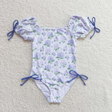 Blue Bows Hydrangea Floral Girls Swimsuits