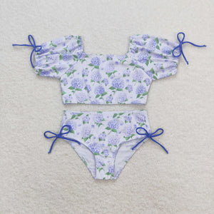 Blue Bows Hydrangea Floral White Girls Swimsuits