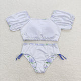 Blue Bows Hydrangea Floral White Girls Swimsuits