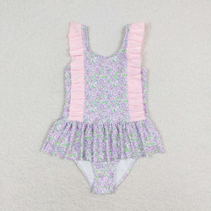 Floral Pink Ruffles Girls Swimsuits