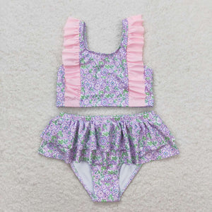 Floral Pink Ruffles Girls Swimsuits